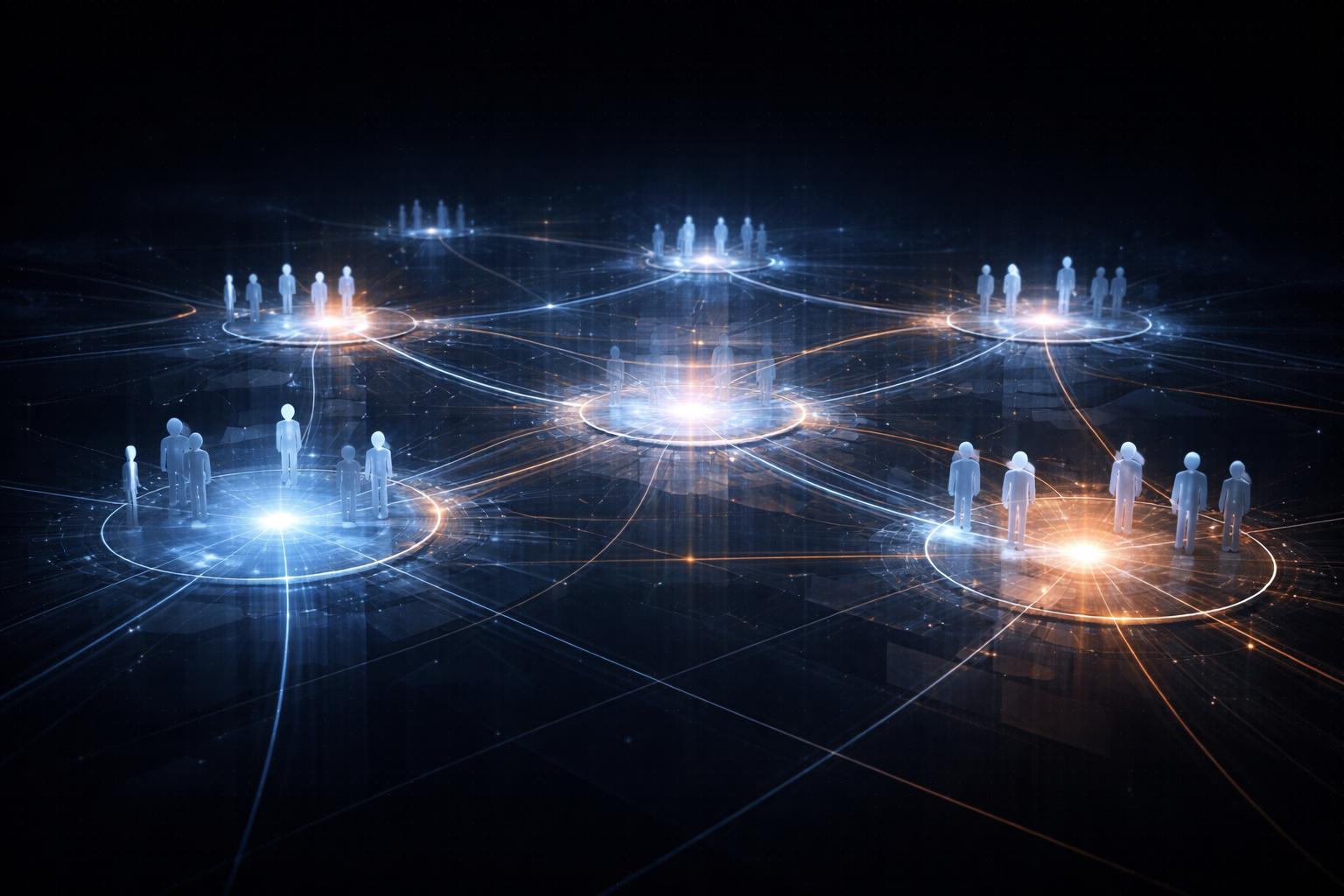 Abstract illustration of young people connected through digital information networks.