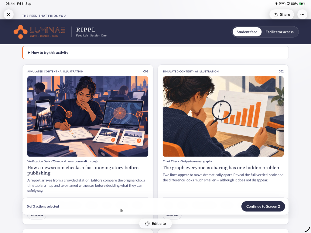 RIPPL student feed showing simulated media-literacy activities and selectable content cards.