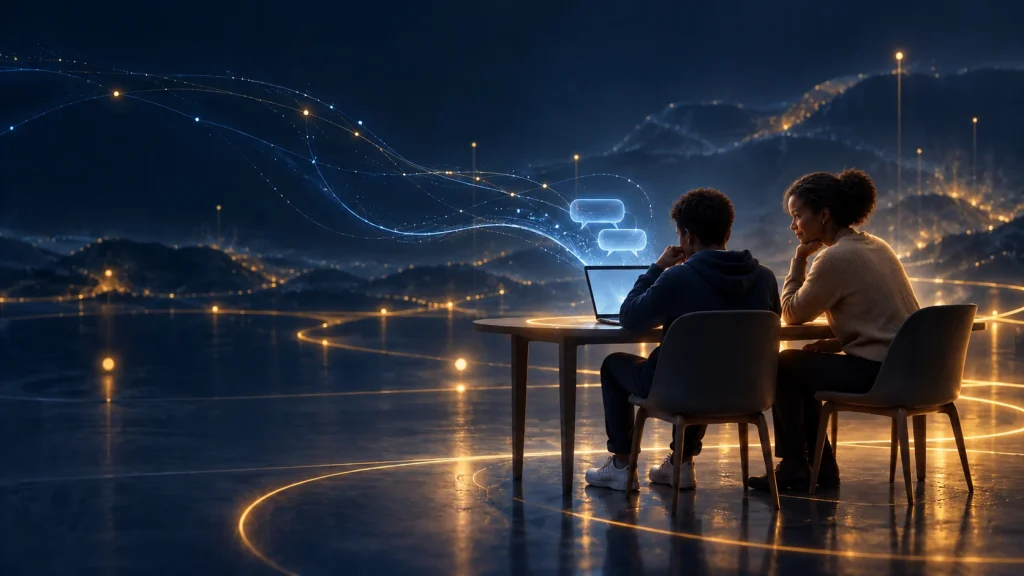 Illustration of a parent and teenager viewing a laptop, surrounded by blue and gold light trails and chat symbols.