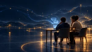 Illustration of a parent and teenager viewing a laptop, surrounded by blue and gold light trails and chat symbols.