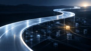 An illuminated path passes over a hidden network, representing the choices, data use and dependency behind digital convenience.
