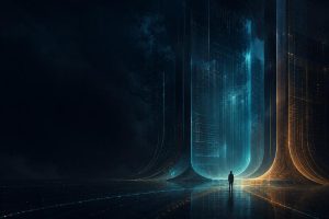 Small figure beneath towering digital structures and information streams.