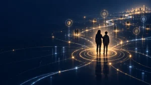 Parent and child standing together within a network of glowing pathways representing digital choices, connections and parental controls.